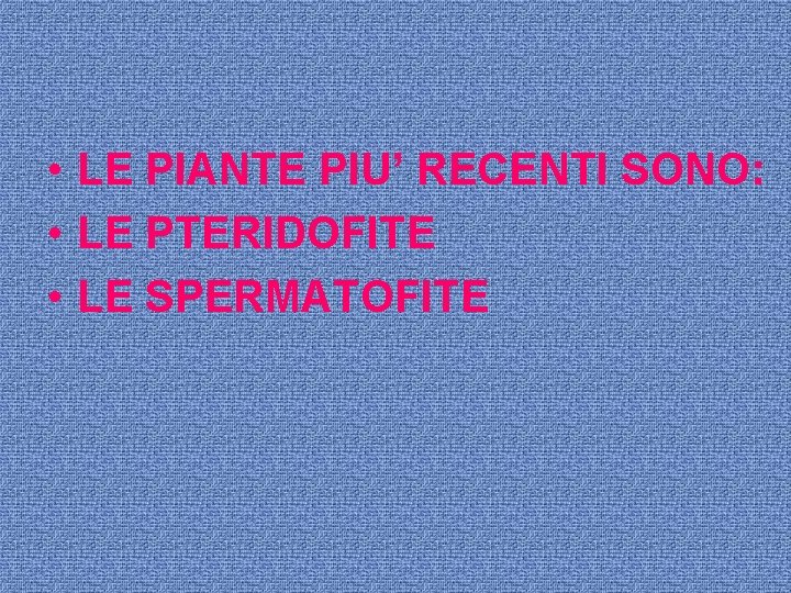  • LE PIANTE PIU’ RECENTI SONO: • LE PTERIDOFITE • LE SPERMATOFITE 