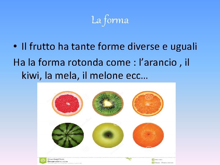 La forma • Il frutto ha tante forme diverse e uguali Ha la forma