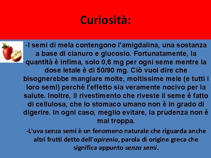 Curiosità: -I semi di mela contengono l'amigdalina, una sostanza a base di cianuro e