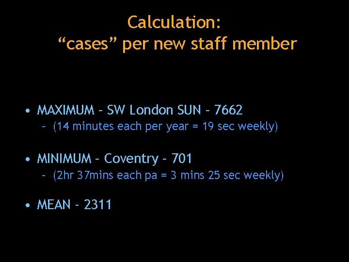 Calculation: “cases” per new staff member • MAXIMUM – SW London SUN – 7662