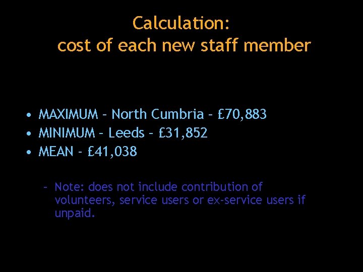 Calculation: cost of each new staff member • MAXIMUM – North Cumbria – £