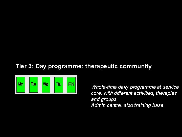 Tier 3: Day programme: therapeutic community Whole-time daily programme at service core, with different