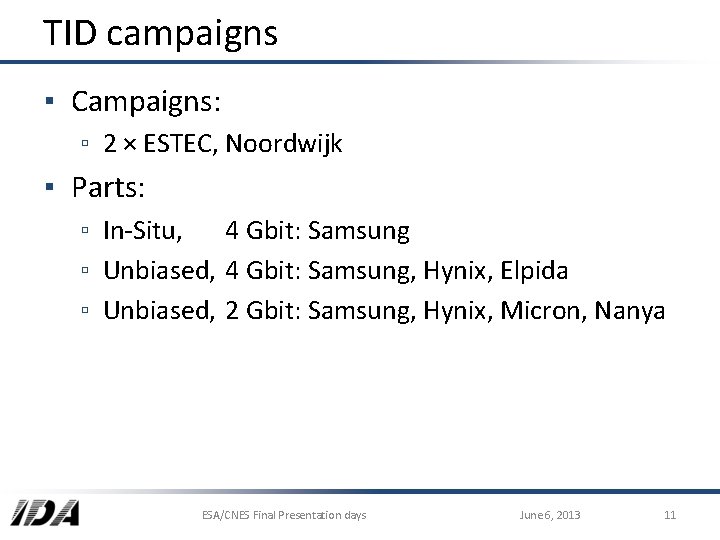 TID campaigns ▪ Campaigns: ▫ 2 × ESTEC, Noordwijk ▪ Parts: ▫ In-Situ, 4