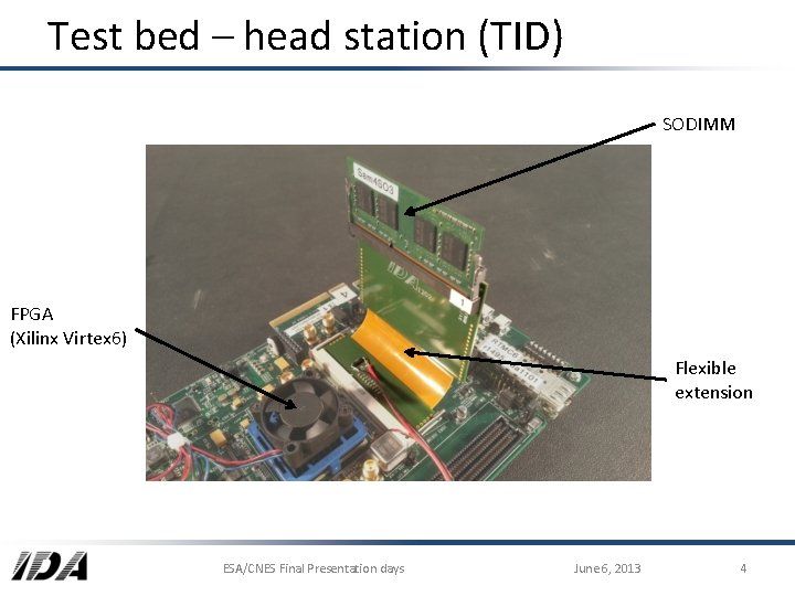 Test bed – head station (TID) SODIMM FPGA (Xilinx Virtex 6) Flexible extension ESA/CNES