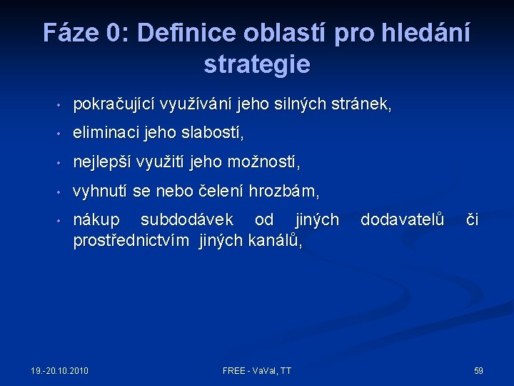 Fáze 0: Definice oblastí pro hledání strategie • pokračující využívání jeho silných stránek, • Fáze 0: Definice oblastí pro hledání strategie • pokračující využívání jeho silných stránek, •