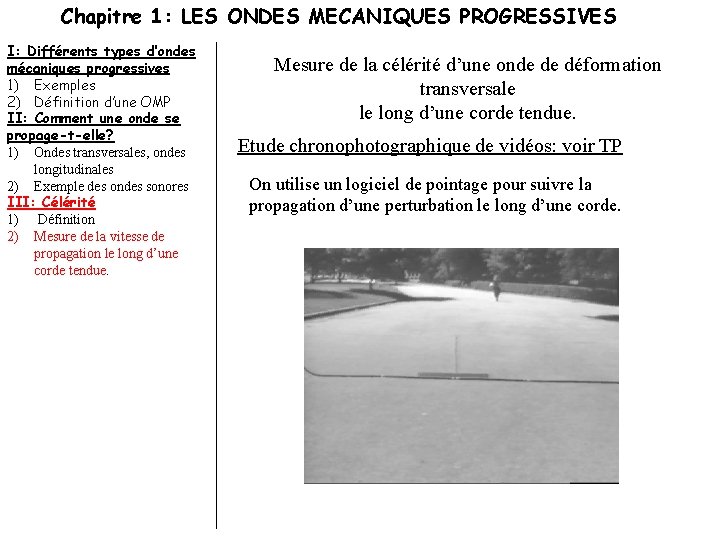 Chapitre 1: LES ONDES MECANIQUES PROGRESSIVES I: Différents types d’ondes mécaniques progressives 1) Exemples