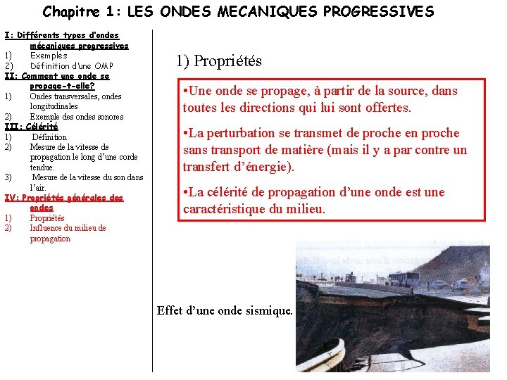 Chapitre 1: LES ONDES MECANIQUES PROGRESSIVES I: Différents types d’ondes mécaniques progressives 1) Exemples