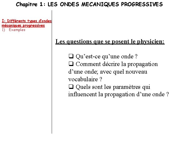 Chapitre 1: LES ONDES MECANIQUES PROGRESSIVES I: Différents types d’ondes mécaniques progressives 1) Exemples