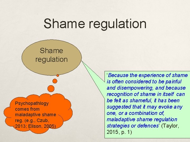 Shame regulation Psychopathlogy comes from maladaptive shame reg. (e. g. , Czub, 2013; Elison,