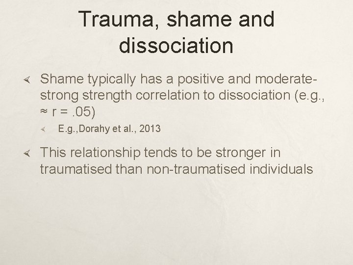 Trauma, shame and dissociation Shame typically has a positive and moderatestrong strength correlation to