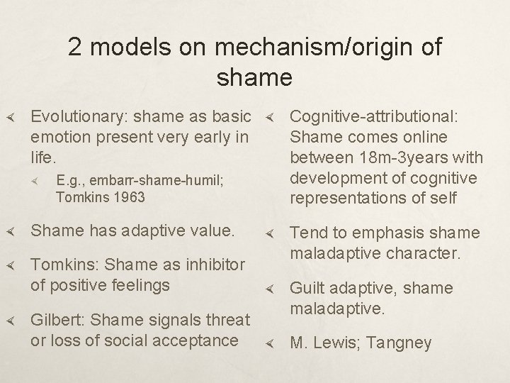 2 models on mechanism/origin of shame Evolutionary: shame as basic emotion present very early