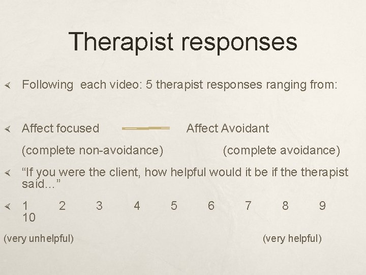 Therapist responses Following each video: 5 therapist responses ranging from: Affect focused Affect Avoidant