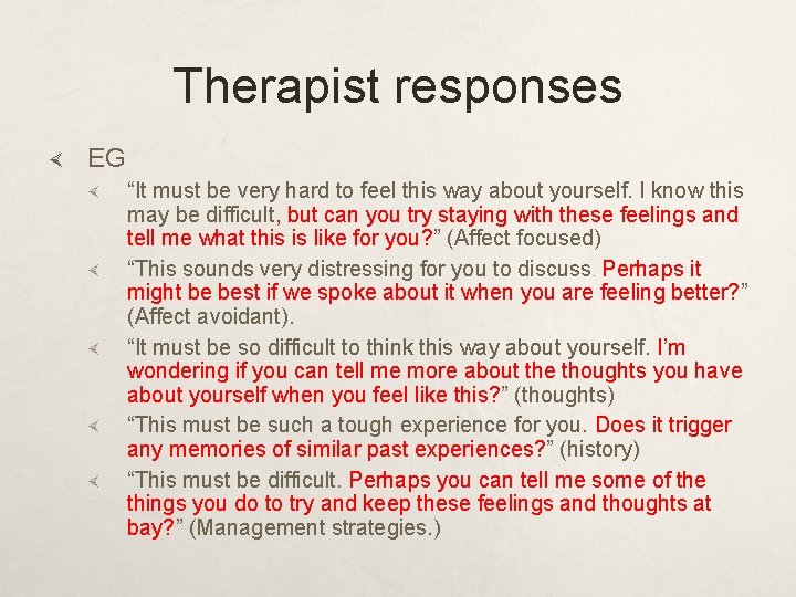 Therapist responses EG “It must be very hard to feel this way about yourself.