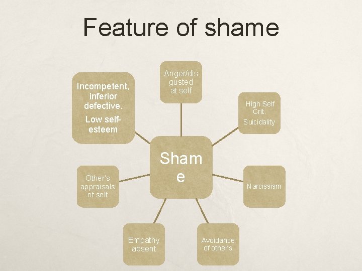 Feature of shame Anger/dis gusted at self Incompetent, inferior defective. Low selfesteem Other’s appraisals