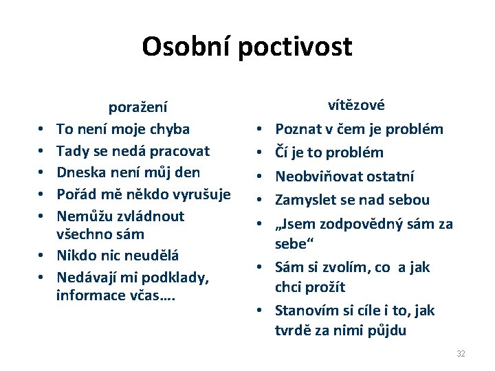 Osobní poctivost • • poražení To není moje chyba Tady se nedá pracovat Dneska