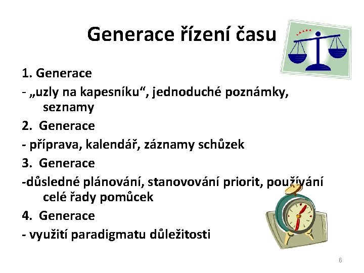 Generace řízení času 1. Generace - „uzly na kapesníku“, jednoduché poznámky, seznamy 2. Generace