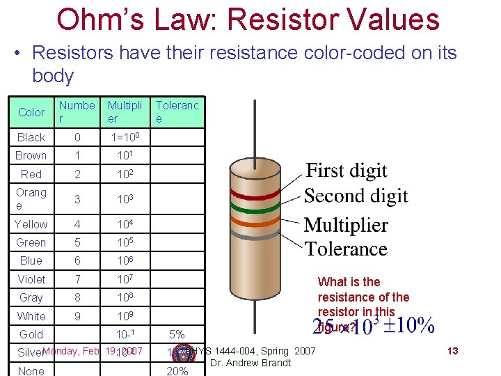 Ohm’s Law: Resistor Values • Resistors have their resistance color-coded on its body Multipli