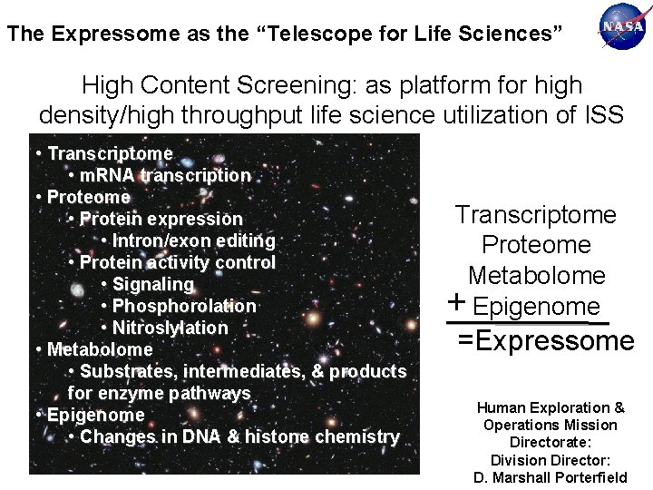 The Expressome as the “Telescope for Life Sciences” High Content Screening: as platform for