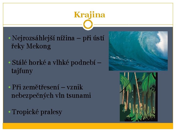 Krajina • Nejrozsáhlejší nížina – při ústí řeky Mekong • Stálé horké a vlhké Krajina • Nejrozsáhlejší nížina – při ústí řeky Mekong • Stálé horké a vlhké