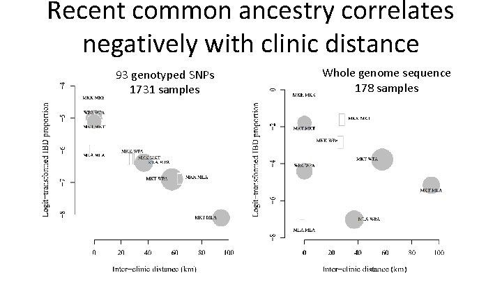 Recent common ancestry correlates negatively with clinic distance 93 genotyped SNPs 1731 samples Whole