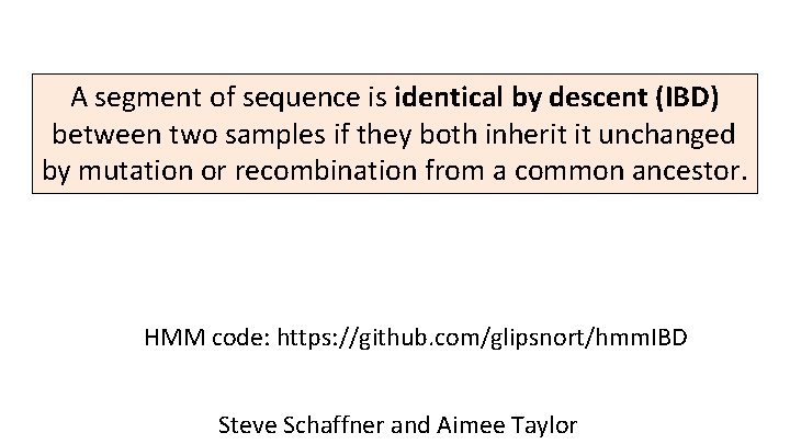 A segment of sequence is identical by descent (IBD) between two samples if they