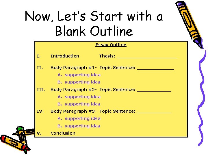 Now, Let’s Start with a Blank Outline Essay Outline I. Introduction II. Body Paragraph