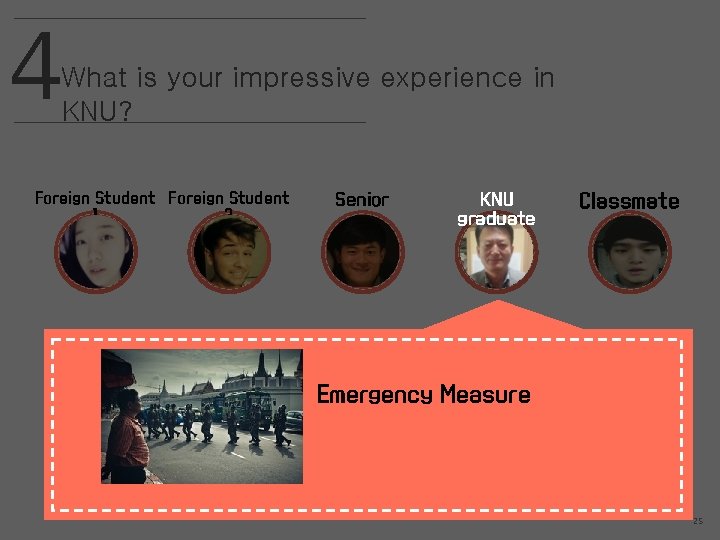 4 What is your impressive experience in KNU? Foreign Student 1 2 Senior KNU