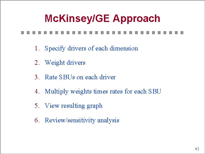 Mc. Kinsey/GE Approach 1. Specify drivers of each dimension 2. Weight drivers 3. Rate