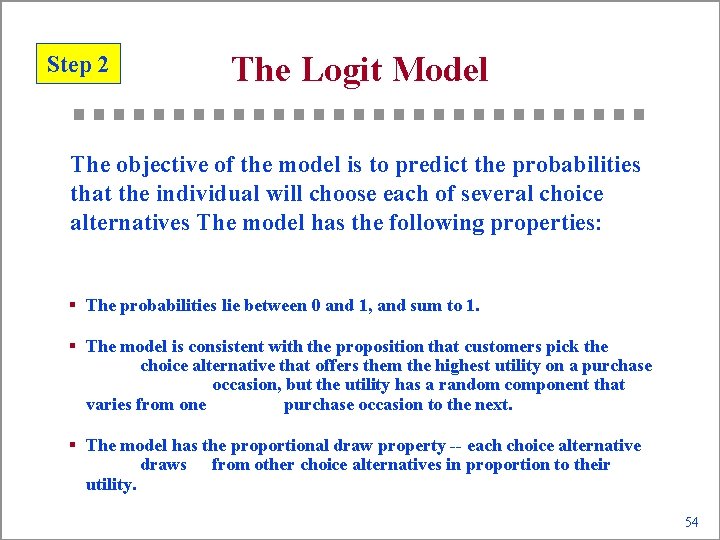 Step 2 The Logit Model The objective of the model is to predict the