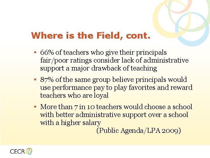 Where is the Field, cont. • 66% of teachers who give their principals fair/poor