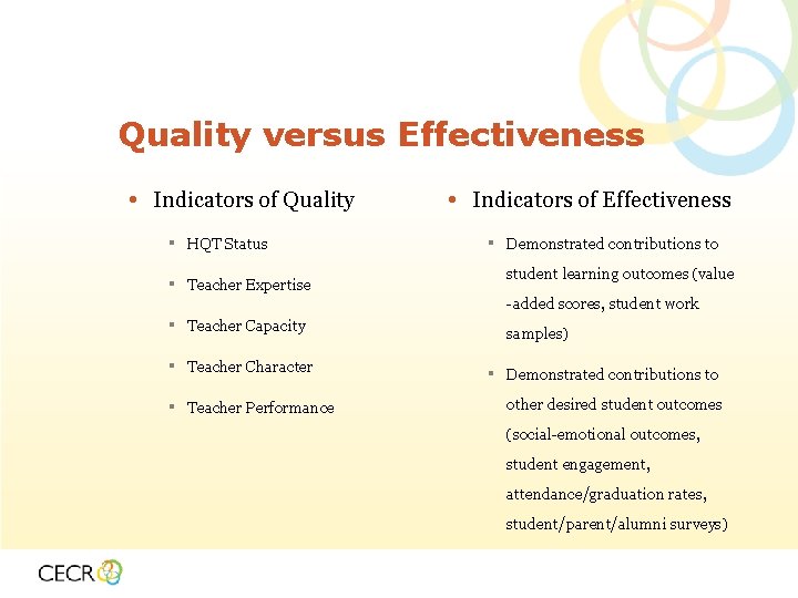 Quality versus Effectiveness • Indicators of Quality ▪ HQT Status ▪ Teacher Expertise •