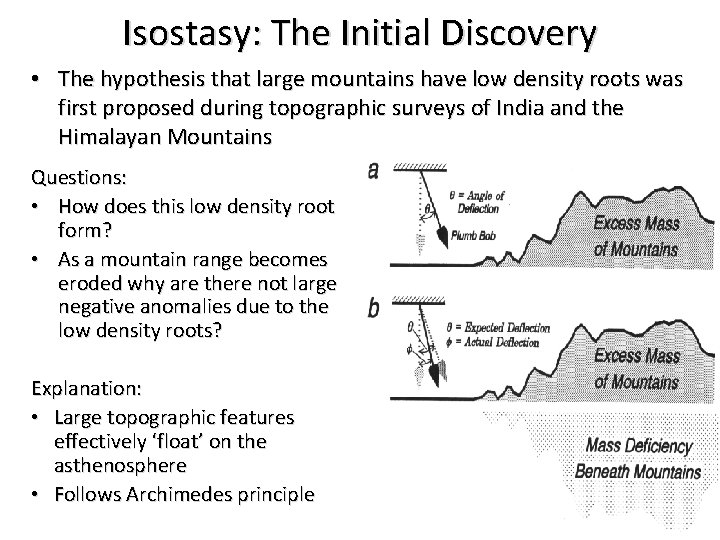 Isostasy: The Initial Discovery • The hypothesis that large mountains have low density roots