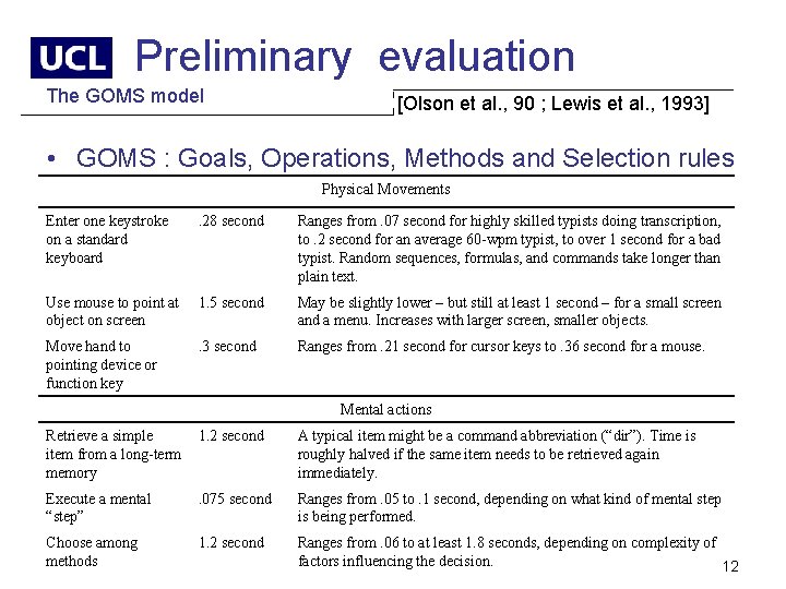 Preliminary evaluation The GOMS model [Olson et al. , 90 ; Lewis et al.