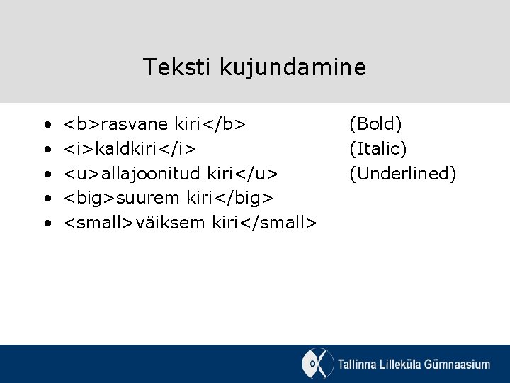 Teksti kujundamine • • • <b>rasvane kiri</b> <i>kaldkiri</i> <u>allajoonitud kiri</u> <big>suurem kiri</big> <small>väiksem kiri</small>