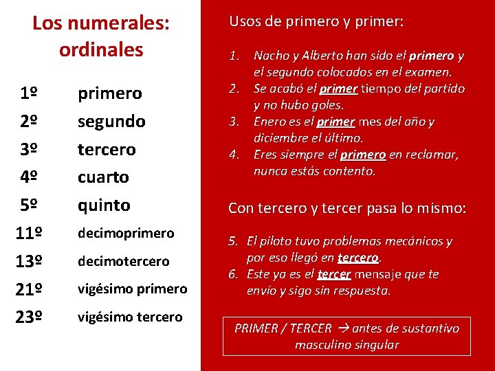 Los numerales: ordinales 1º 2º 3º 4º 5º 11º 13º 21º 23º primero segundo