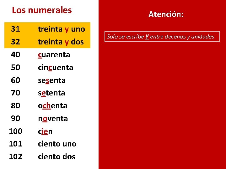 Los numerales 31 32 40 50 60 70 80 90 101 102 treinta y