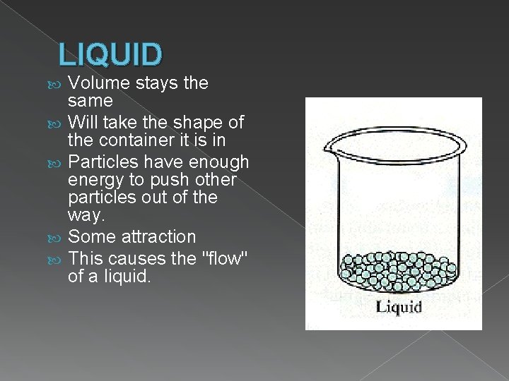 LIQUID Volume stays the same Will take the shape of the container it is