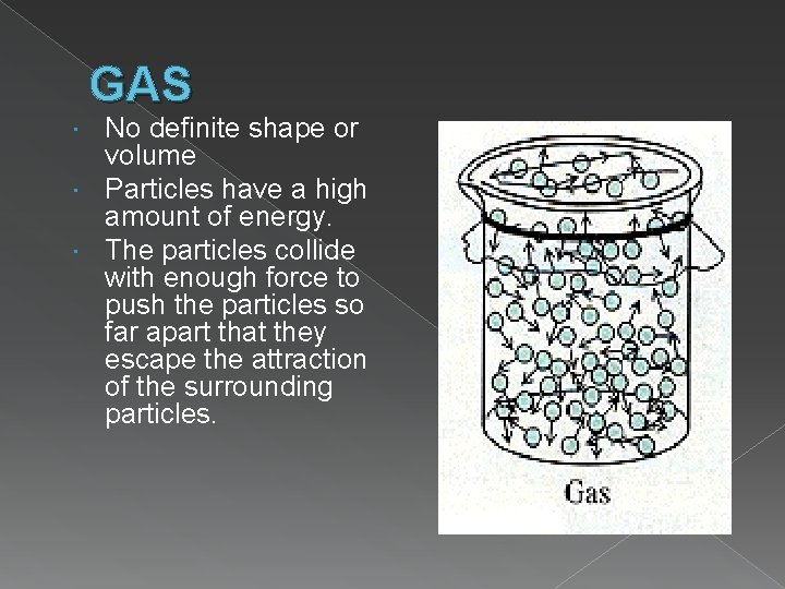 GAS No definite shape or volume Particles have a high amount of energy. The