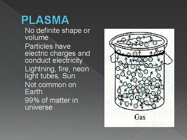 PLASMA No definite shape or volume Particles have electric charges and conduct electricity Lightning,