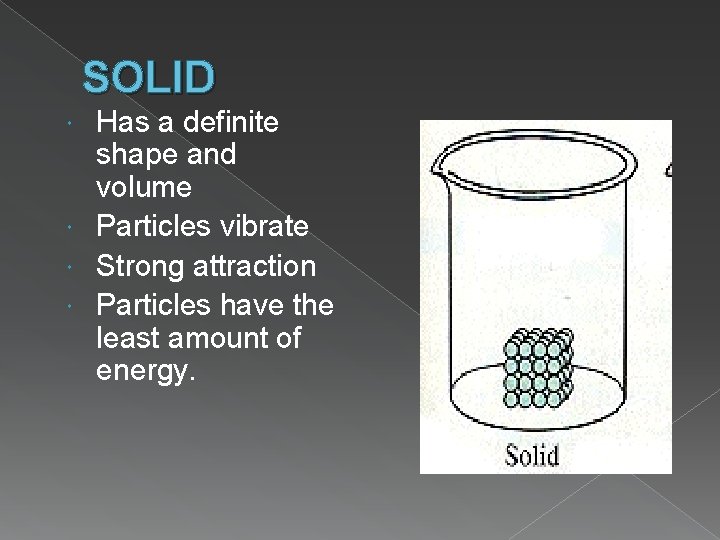 SOLID Has a definite shape and volume Particles vibrate Strong attraction Particles have the