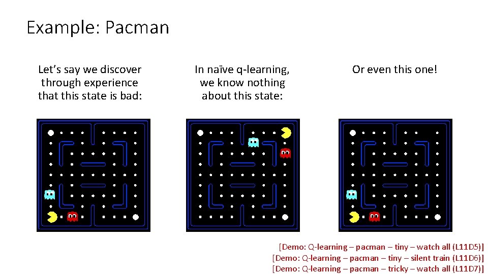 Example: Pacman Let’s say we discover through experience that this state is bad: In Example: Pacman Let’s say we discover through experience that this state is bad: In