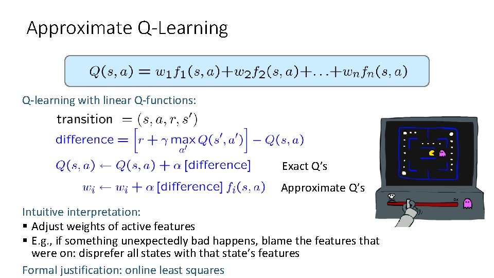 Approximate Q-Learning Q-learning with linear Q-functions: Exact Q’s Approximate Q’s Intuitive interpretation: § Adjust Approximate Q-Learning Q-learning with linear Q-functions: Exact Q’s Approximate Q’s Intuitive interpretation: § Adjust