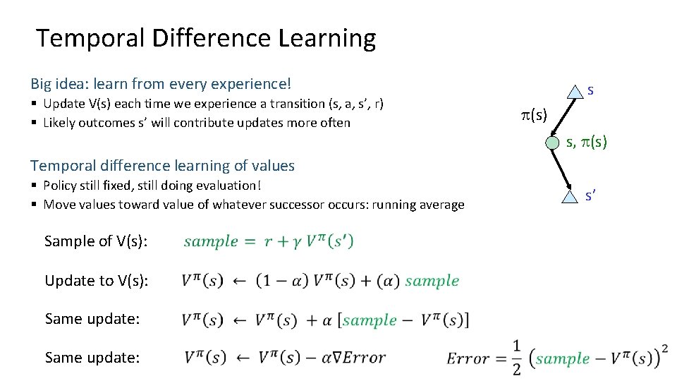 Temporal Difference Learning Big idea: learn from every experience! s § Update V(s) each Temporal Difference Learning Big idea: learn from every experience! s § Update V(s) each