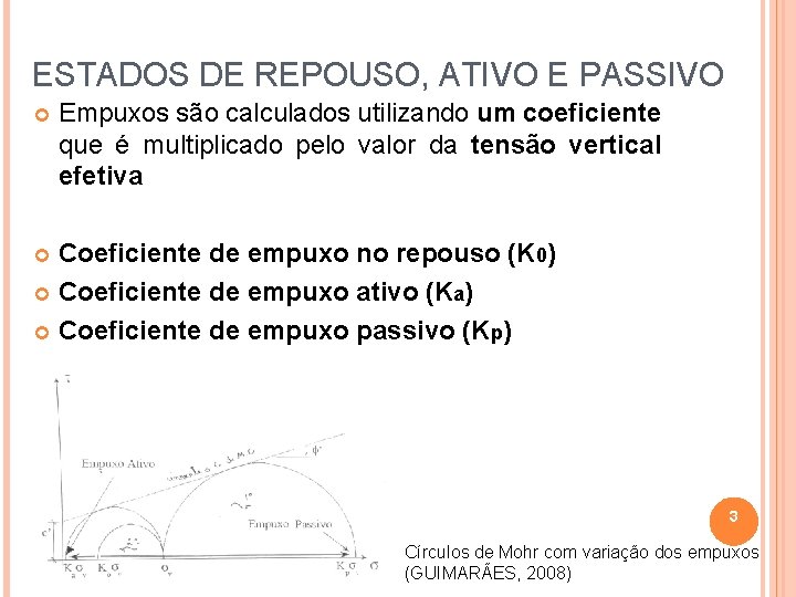 ESTADOS DE REPOUSO, ATIVO E PASSIVO Empuxos são calculados utilizando um coeficiente que é