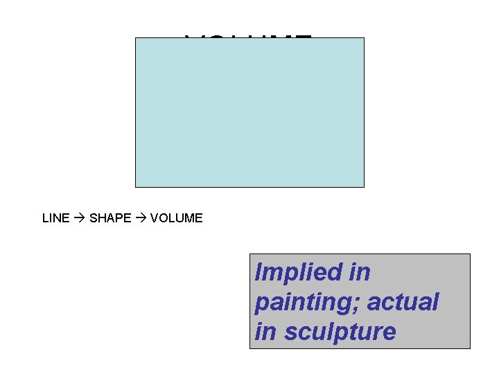 VOLUME LINE SHAPE VOLUME Implied in painting; actual in sculpture 