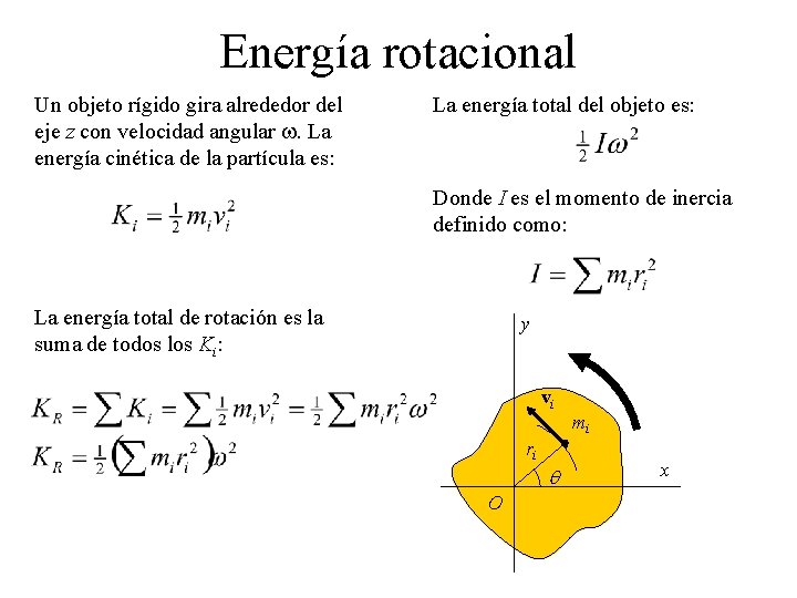 Energía rotacional Un objeto rígido gira alrededor del eje z con velocidad angular w. Energía rotacional Un objeto rígido gira alrededor del eje z con velocidad angular w.