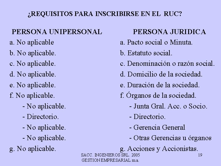 ¿REQUISITOS PARA INSCRIBIRSE EN EL RUC? PERSONA UNIPERSONAL a. No aplicable b. No aplicable.