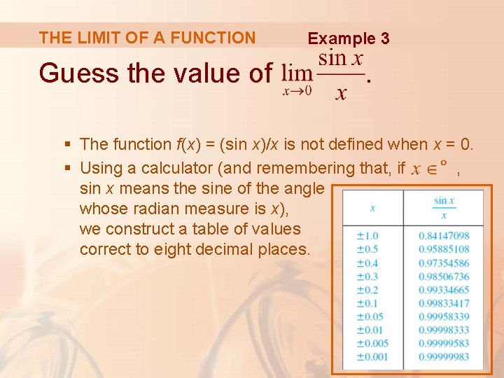 THE LIMIT OF A FUNCTION Guess the value of Example 3 . § The