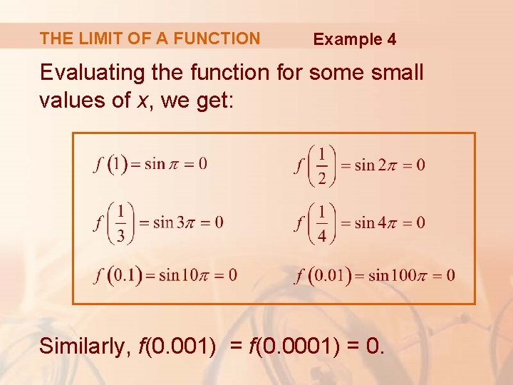 THE LIMIT OF A FUNCTION Example 4 Evaluating the function for some small values