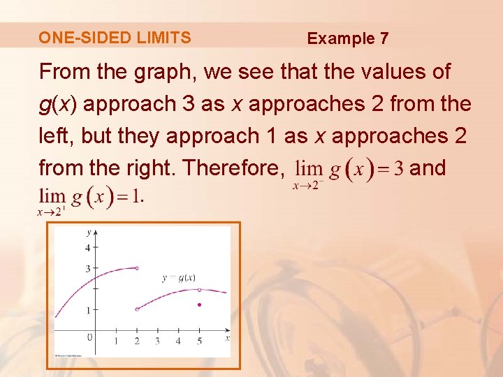 ONE-SIDED LIMITS Example 7 From the graph, we see that the values of g(x)